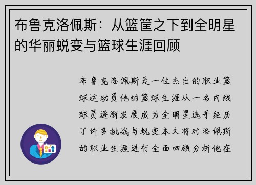 布鲁克洛佩斯：从篮筐之下到全明星的华丽蜕变与篮球生涯回顾