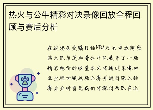 热火与公牛精彩对决录像回放全程回顾与赛后分析
