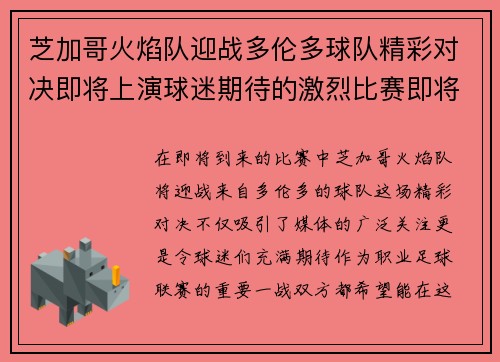 芝加哥火焰队迎战多伦多球队精彩对决即将上演球迷期待的激烈比赛即将开始