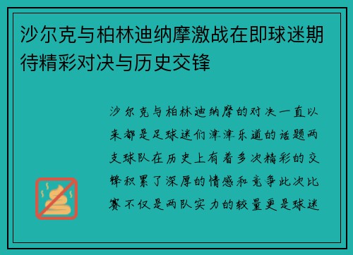 沙尔克与柏林迪纳摩激战在即球迷期待精彩对决与历史交锋