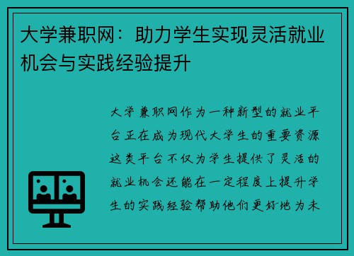大学兼职网：助力学生实现灵活就业机会与实践经验提升