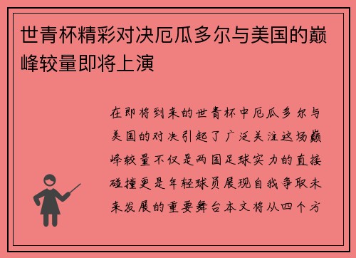 世青杯精彩对决厄瓜多尔与美国的巅峰较量即将上演