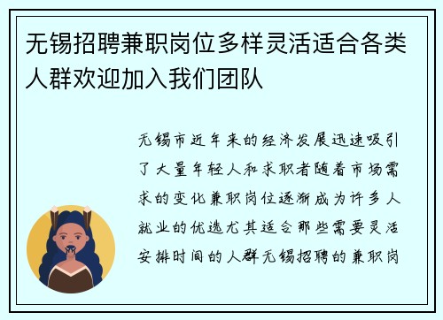 无锡招聘兼职岗位多样灵活适合各类人群欢迎加入我们团队