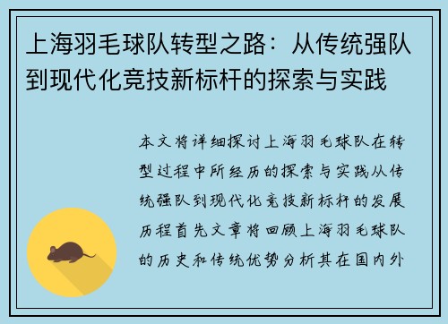 上海羽毛球队转型之路：从传统强队到现代化竞技新标杆的探索与实践