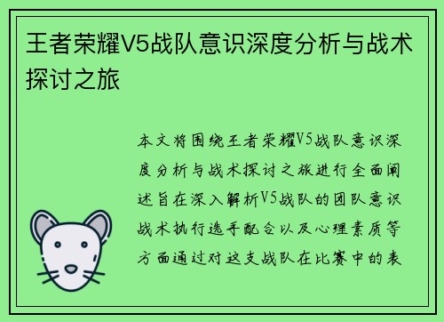 王者荣耀V5战队意识深度分析与战术探讨之旅