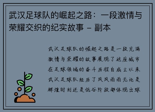 武汉足球队的崛起之路：一段激情与荣耀交织的纪实故事 - 副本